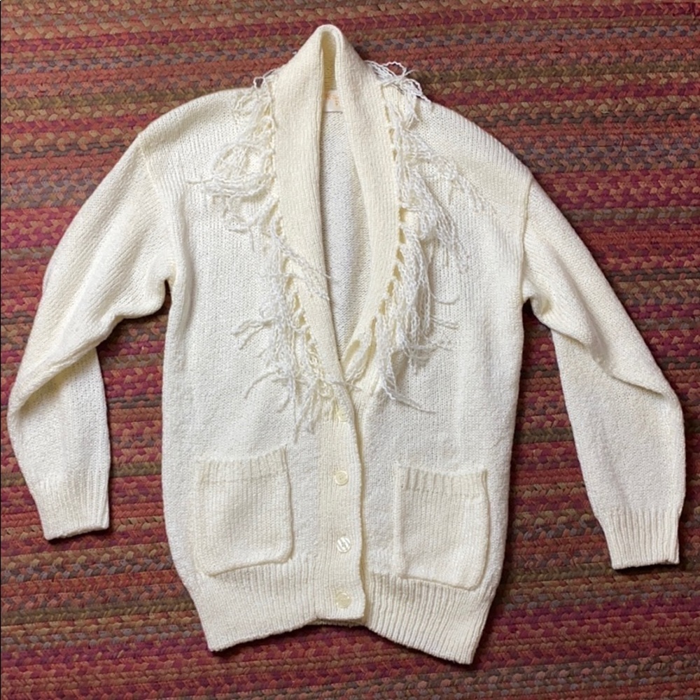 80s VINTAGE WESTERN CREAM KNIT FRINGE CARDIGAN SWEATER COWGIRL BOHO CHIC